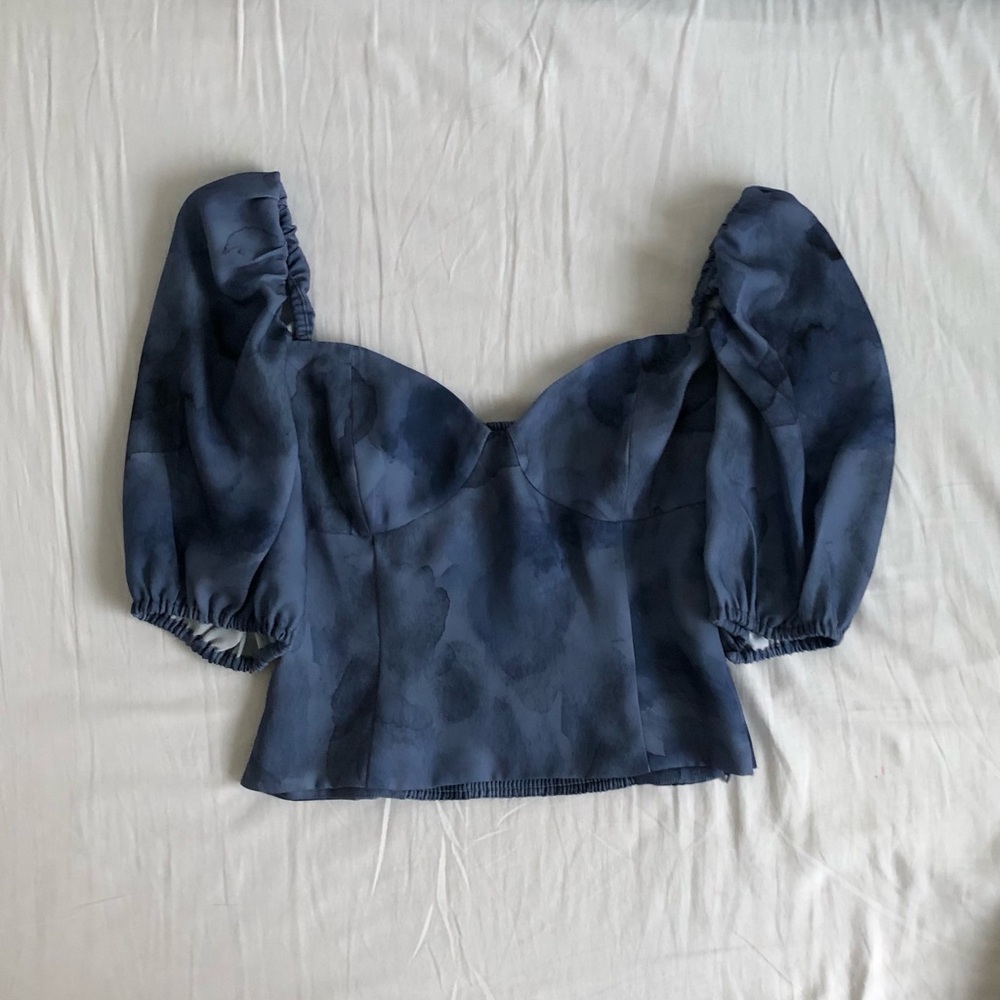 Wilfred Navy Puff-Sleeve Sweetheart Crop Top